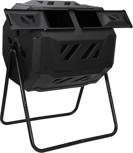 Miniatura 6 de Contenedor de compostaje para exteriores con doble cámara, giratorio de 43 galones, con puertas correderas y marco de acero, sin BPA, para jardín