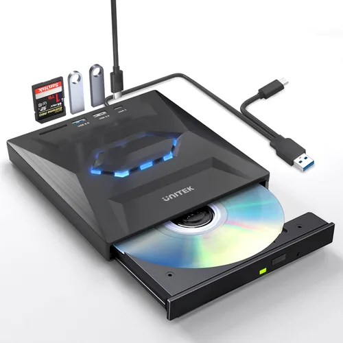 Unidad de CD DVD externa de Unitek, USB 3.0 tipo C, portátil, CD/DVD +/-RW, unidad/reproductor de DVD con lector de tarjetas SD, USB 3.0, USB C Hub,