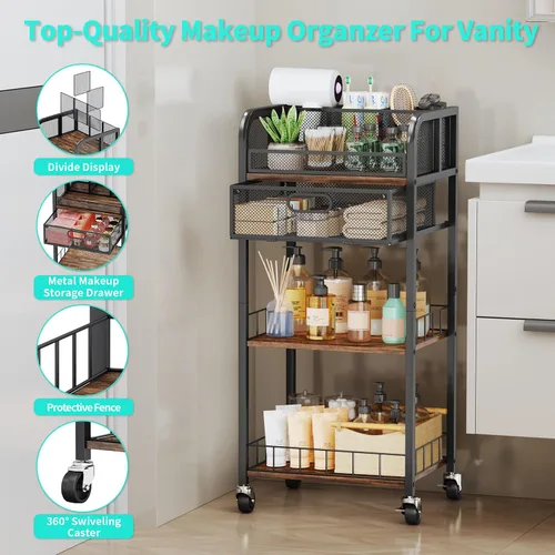 Miniatura 5 de HapiRm Organizador de maquillaje, carrito de almacenamiento de 4 niveles para el cuidado de la piel con cajón, carrito de maquillaje rodante