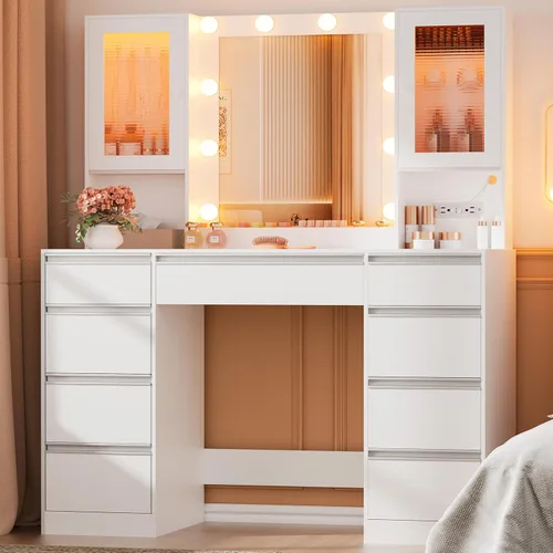 Miniatura 11 de ERLEJIA Escritorio de tocador con espejo y luces, tocador de maquillaje grande de 43 pulgadas con 9 cajones, 3 estantes abiertos, iluminación LED