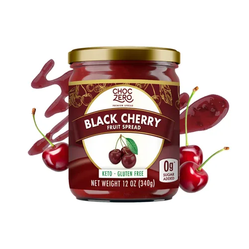 ChocZero Mermelada de cereza negra Keto, sin azúcar añadido, baja en carbohidratos, apta para dieta cetogénica, alta en fibra, sin gluten, endulzada