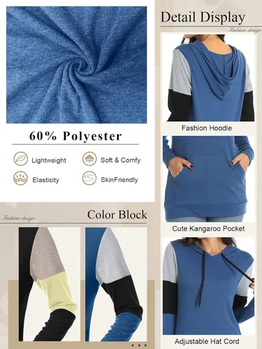 Miniatura 5 de CATHY Sudadera casual con cordón para mujer, manga larga, bloque de color, sudadera con capucha y bolsillo