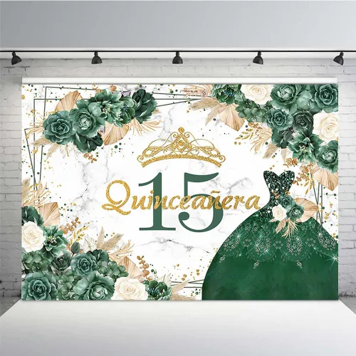 Miniatura 11 de MEHOFOND Telón de fondo bohemio floral de quinceañera de cumpleaños 15 para niñas, rosa verde, hierba de las pampas, Mis membrillo Anos, decoración