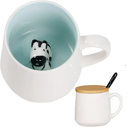 Miniatura 13 de BigNoseDeer Taza Bonita de Dinosaurio Taza de Café de Cerámica con Dinosaurio de Dibujos Animados 3D en el Interior, Tazas Divertidas con Tapa