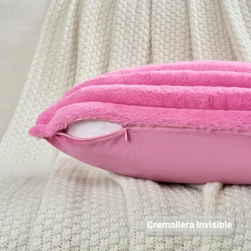 Miniatura 3 de FUTEI - Juego de 2 fundas de almohada decorativas con rayas, cuadradas, para invierno, piel sintética de conejo suave y acogedora y respaldo de Rosa