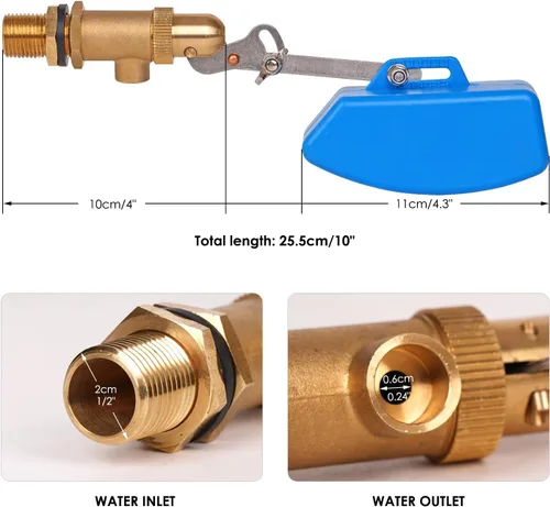 Miniatura 6 de Válvula de flotador de latón de 1/2 pulgada, válvula de bola flotante de agua con brazo ajustable, válvulas de flotador de tanque de agua de llenado