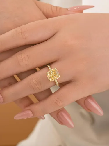 Miniatura 19 de Anillo de compromiso de corte cojín de 4 quilates para mujer, piedra blanca/amarilla grado 5A, circonita cúbica S925, plata, amarillo/blanco/oro rosa