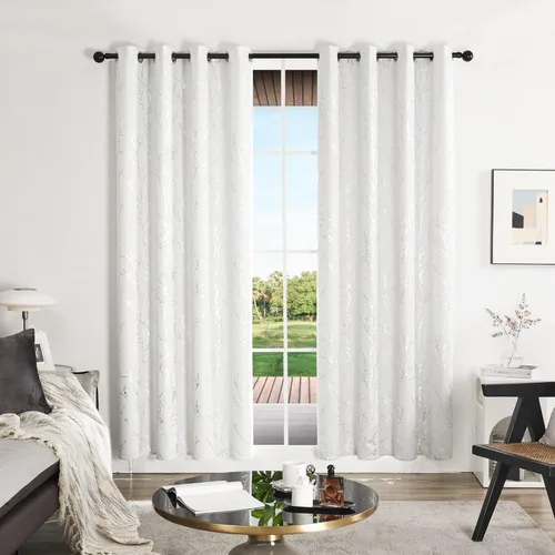 Miniatura 2 de Deconovo Cortinas para dormitorio, cortinas oscurecedoras, panel insonorizado con aislamiento térmico, estampado de árbol plateado, 52 x 84 Rama
