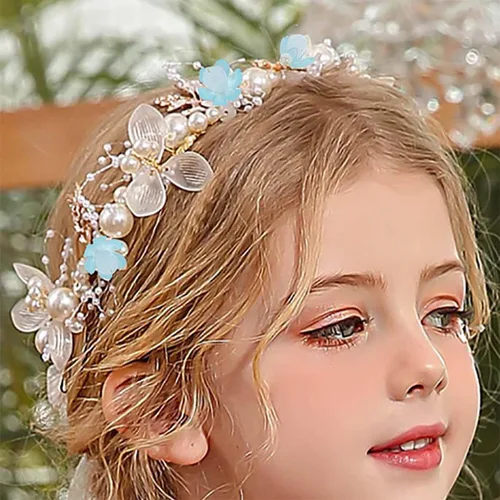 Miniatura 4 de Campsis Diadema para niñas con perlas y flores, diadema de boda de cristal azul, accesorios para el cabello para niñas