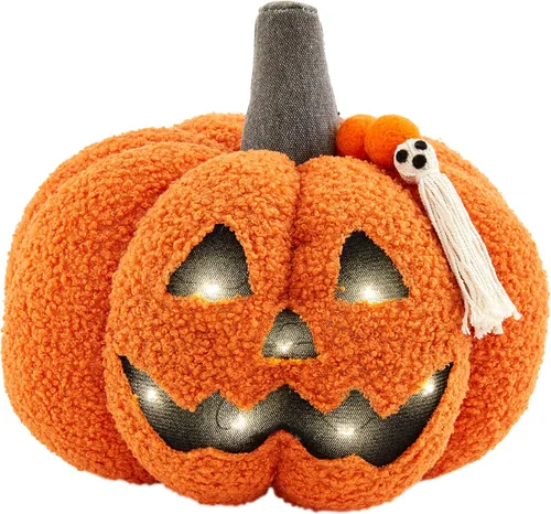 Mud Pie Light Up Sherpa Jack-o-Lantern Almohada naranja, 8" x 9"
