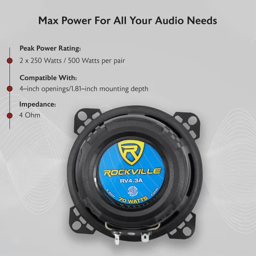Miniatura 4 de Rockville RV4.3A - Altavoces de coche de 3 vías de 4 pulgadas, 500 W, 4 ohmios, woofer de polipropileno, envolvente de goma de butilo, con rejillas