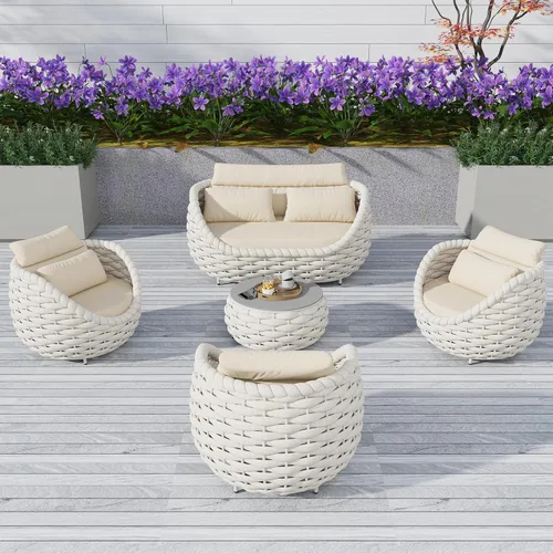 Miniatura 42 de TWT 3-Piece Woven Rope Patio Furniture Set, 2 Outdoor Armchairs with Soft Cushions + Round Aluminum Coffee Table, All-Weather Conversation Set for