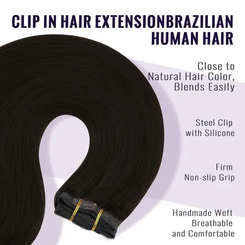 Miniatura 3 de Fshine Extensiones de cabello con broches, 22 pulgadas, 7 unidades, color marrón oscuro, doble trama, extensiones de cabello humano real con clip