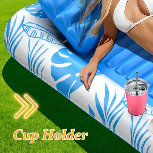 Miniatura 5 de Rrtizan Inflatable Tanning Pool Rafts for Adults, 83.5" x 52.4" Adult Pool Floats with Pillow, Cup Holder & Handles, 4-in-1 Suntan Tub Raft Floatie