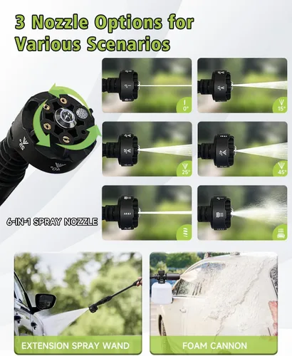 Miniatura 6 de Lavadora a presión portátil inalámbrica, 2 baterías, 1200 PSI, sin escobillas, lavadora eléctrica con boquilla 6 en 1, cañón de espuma, 3 niveles