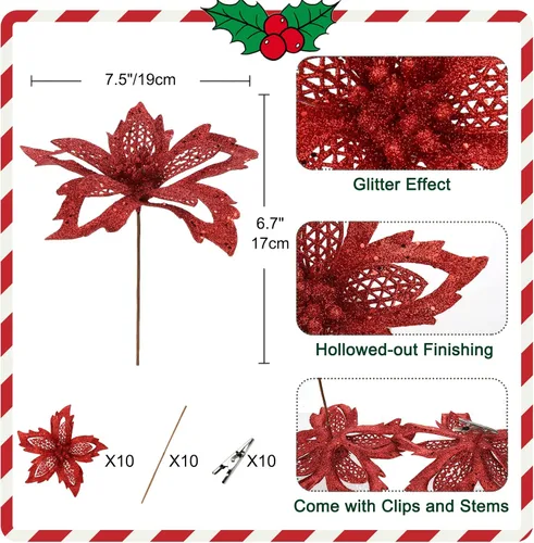 Miniatura 2 de Briful Flores de Pascua de Navidad de 7.5 pulgadas, 10 unidades, flores artificiales con purpurina roja, flores grandes para decoración de árbol