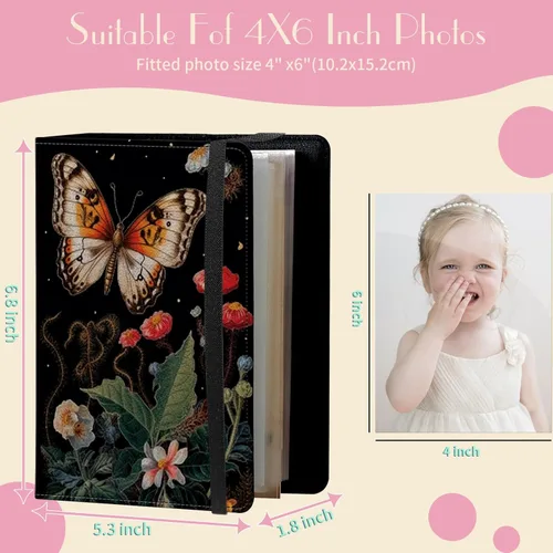 Miniatura 2 de Álbum de fotos de 4 x 6 pulgadas, capacidad para 60 fotos, cubierta de piel sintética, álbum de fotos con banda elástica fuerte, álbum de fotos Flor