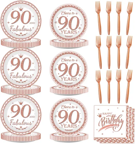 96 piezas de decoraciones de fiesta de cumpleaños 90 para mujeres, platos y servilletas de cumpleaños de 90 años de color oro rosa, juegos de