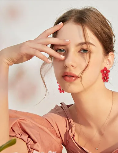 Miniatura 7 de Juego de aretes de flores para mujer, blanco, rojo, rosa, dorado, grande, hecho a mano, aleación de cristal, flor de cerezo, hipoalergénica, paquete