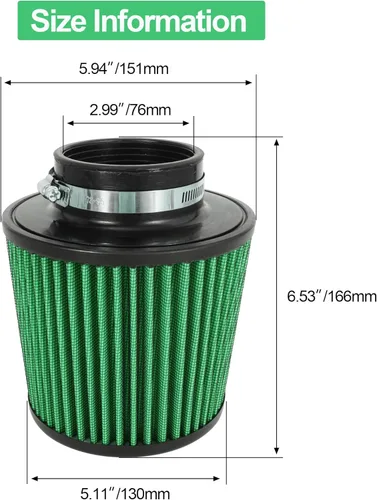 Miniatura 2 de Filtro de admisión de aire frío de alto rendimiento, lavable, con abrazadera, filtro de aire de repuesto con brida de diámetro 3" (76mm) verde