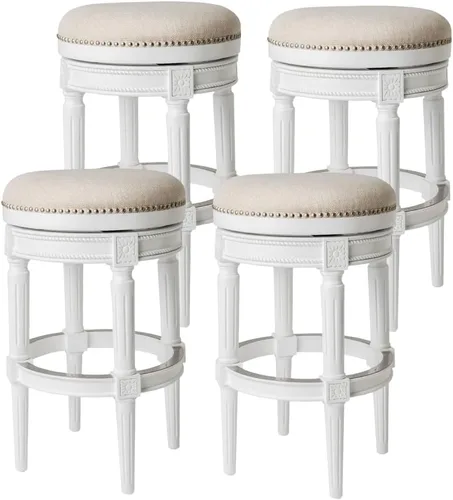 Miniatura 22 de Maven Lane Pullman Taburete de Bar de Madera Giratorio 180 Grados sin Respaldo de 30" de Altura con Ribete de Tachuelas, Acabado Blanco Alabastro