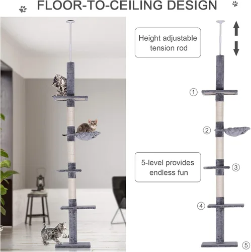 Miniatura 4 de PawHut Árbol para gatos de piso a techo de altura ajustable de 102 pulgadas, torre para gatos de 5 niveles con postes rascadores, hamaca, gris