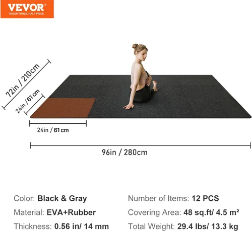 Miniatura 9 de VEVOR Suelo de gimnasio de 0.56 pulgadas y 48 pies cuadrados, 12 baldosas para gimnasio en casa, superficie de goma con espuma EVA de alta densidad