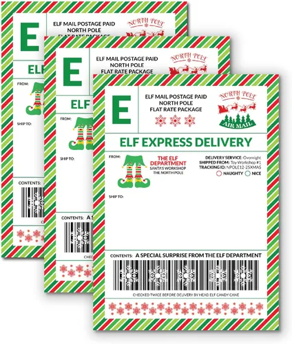 15 etiquetas de envío por correo de entrega exprés de Elf de The North Pole Etiqueta de regalo de 5 x 7 pulgadas, paquete de llegada temprana o