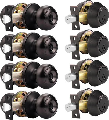 Miniatura 19 de Probrico Juego de cerradura de perilla de puerta de entrada y cerrojo de doble cilindro, negro plano (paquete de 3) con llave igual