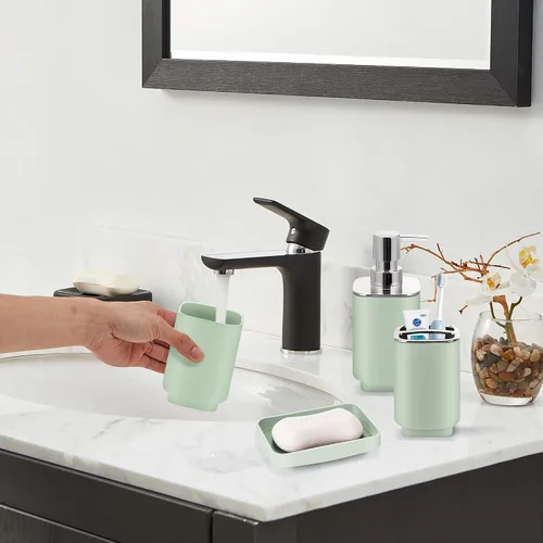 Miniatura 4 de Accesorios de baño verdes, juego de baño de 11 piezas, bandeja, soporte para cepillos de dientes, taza para cepillos de dientes, dispensador