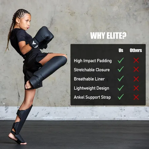 Miniatura 6 de Elite Sports Muay Thai MMA Kickboxing Espinilleras para niños y niñas de 4 a 14 años, protectores de espinillas con protección para el empeine