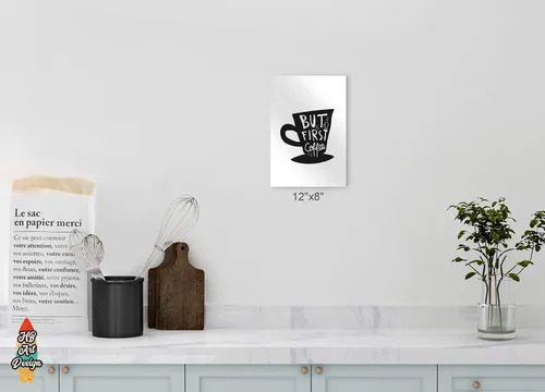 Miniatura 5 de HB Art Design Taza con texto en inglés "But First Coffee" (But First Coffee Quote - Taza en blanco y negro) con impresión de metal, arte de pared