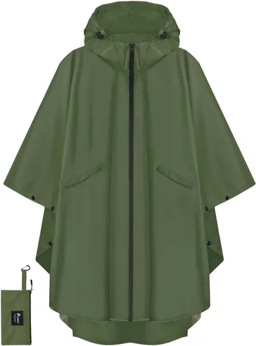 Miniatura 17 de PTEROMY Poncho de lluvia con capucha para adultos con bolsillo y cremallera, chubasquero impermeable ligero para hombres y mujeres