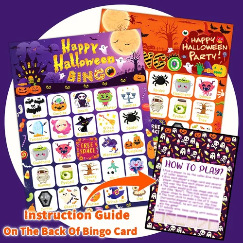 Miniatura 5 de Tarjetas de bingo de Halloween de MonEnfance, juego de bingo de Halloween para 24 jugadores para niños y adultos con pegatinas divertidas, lindo