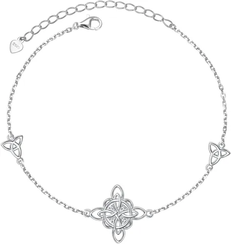 FLYOW Pulsera de plata de ley 925, joyería irlandesa de buena suerte, triquetra, trinidad, brujas celtas, nudo para mujer