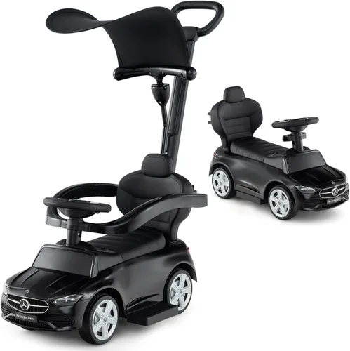HONEY JOY Auto de empuje Mercedes-Benz con licencia para niños pequeños, toldo ajustable y almacenamiento de asiento, bocina, auto de empuje para