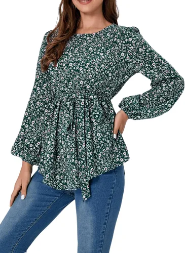 Miniatura 4 de MakeMeChic Camisa de maternidad floral de manga larga con cinturón para embarazo, blusa peplum