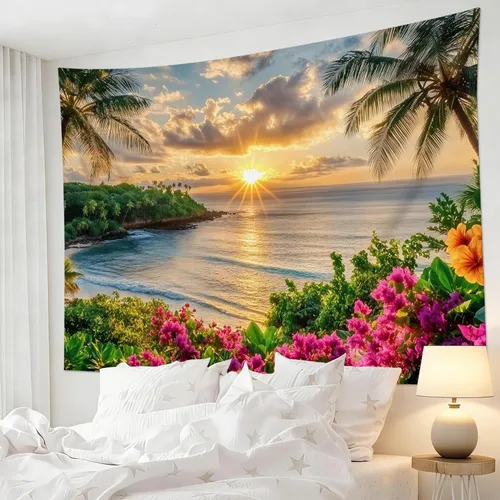 Miniatura 21 de LB Tapiz de hongos para colgar en la pared, luna y estrella en beige, tapiz de pared para dormitorio, estética de planta verde, arte de pared