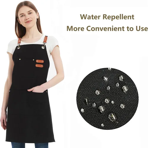 Miniatura 2 de AFUN Delantales de chef para mujeres y hombres con bolsillos grandes, delantal de trabajo repelente al agua de lona de algodón, talla M a XXL (negro)