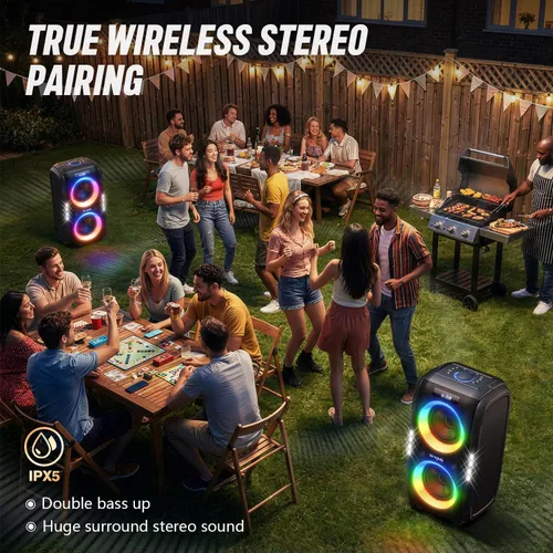 Miniatura 7 de W-KING 270W PEAK Altavoz de Fiesta Grande Bluetooth Más Fuerte/12 Graves Personalizados/Subwoofer Masivo de 125dB 6.5''x2 con Graves Profundos, Gran