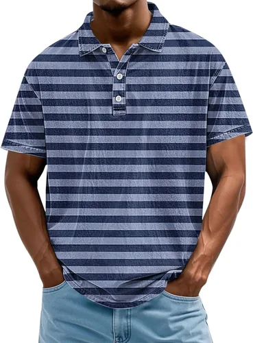 Miniatura 9 de Camisa polo de manga corta para hombre, camiseta de golf a rayas, de manga corta, para vacaciones, casual, cuello en V, camiseta de verano con Rojo