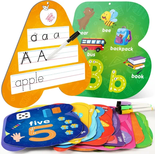 D-FantiX 55 tarjetas didácticas de borrado en seco y alfabeto para niños pequeños, tarjetas educativas de doble cara para escribir y limpiar,