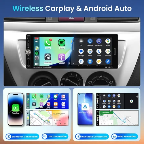 Miniatura 2 de Estéreo de coche de un solo DIN con CarPlay inalámbrico Android Auto Mirror Link, radio de coche, unidad auricular manos libres Bluetooth de 6.9