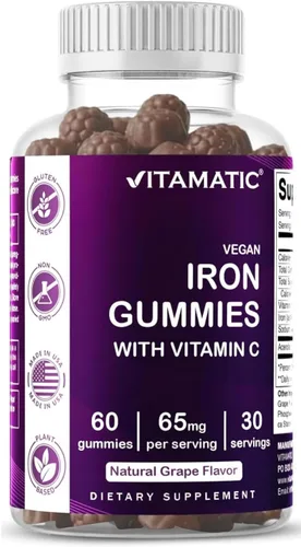 Vitamatic Suplemento de gomitas de hierro de 65 mg para mujeres y hombres, 60 gomitas veganas, vitaminas de gomitas de hierro de gran sabor con