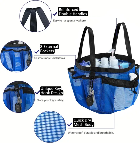Miniatura 5 de Moyad Bolsa grande de malla para ducha para dormitorio universitario, artículos esenciales de habitación con 8 bolsillos, bolsa de ducha portátil