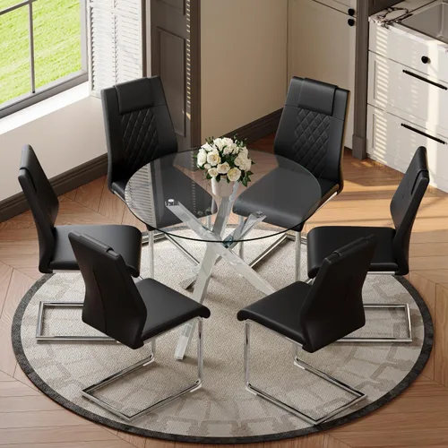 Miniatura 31 de Juego de mesa de comedor redonda para 6, juego de mesa de comedor de vidrio de 39 pulgadas con base de metal ajustable dorada en forma de X y 6