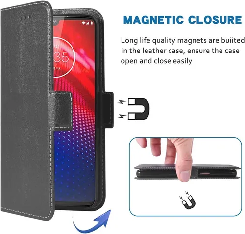 Miniatura 5 de Funda para teléfono Moto Z4 Folio Flip Funda tipo cartera, de piel sintética, ranuras para tarjetas de crédito, protección de cuerpo completo, Negro