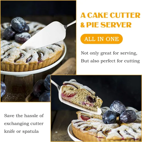 Miniatura 3 de E-far Servidor de pastel de 5 piezas, cortador de espátula de acero inoxidable para pasteles y queso pizza, borde dentado con mango ovalado, pulido