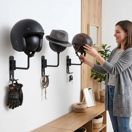 Miniatura 7 de Shimeyao Soporte de pared para casco de motocicleta, rotación de 180°, soporte de exhibición con 2 ganchos para hombres y mujeres, abrigos
