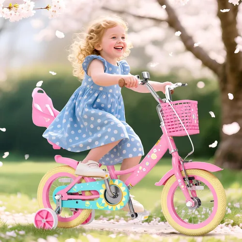 Miniatura 7 de XJD Bicicleta para niñas de 2 a 12 años, bicicleta para niños de 12, 14 y 16 pulgadas, con ruedas de entrenamiento, serpentinas, cesta y asiento